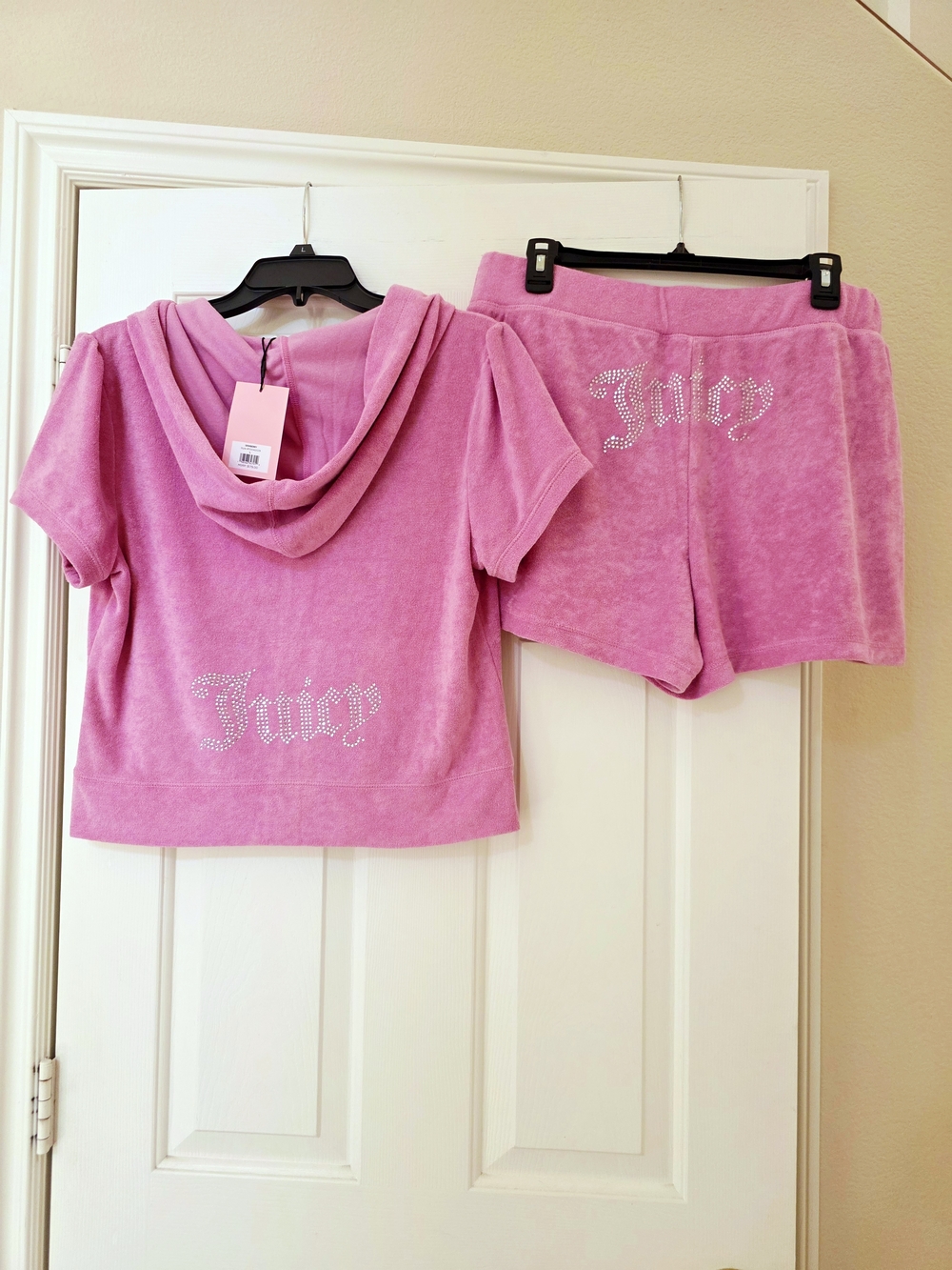 NWT Juicy Couture Y2K Pink Bling Terry Cloth Set Short Sleeve Hoodie Shorts - L